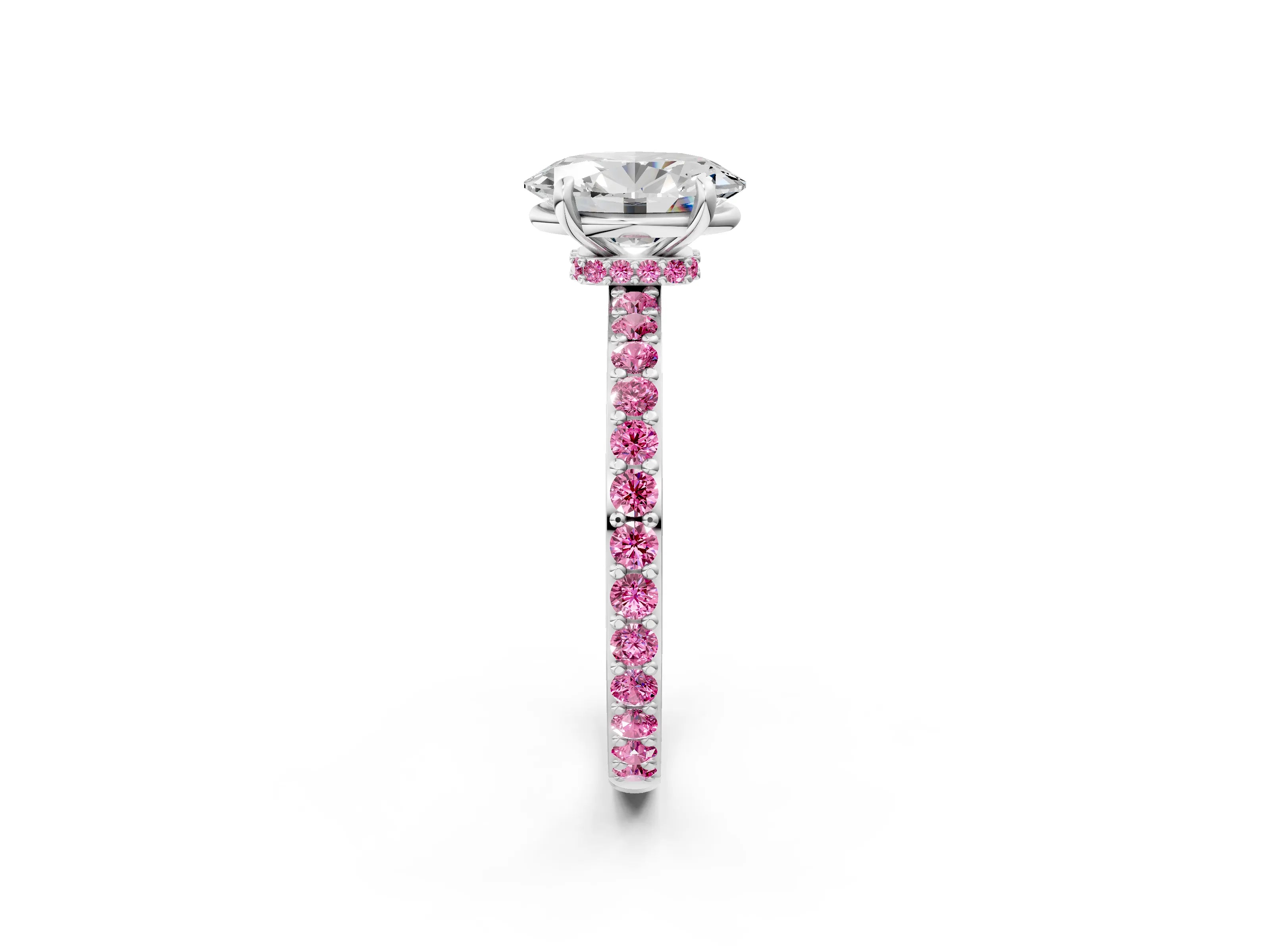 White gold Oval Cut Diamond Pavé Engagement Ring with Round with Pink Sapphire side stone Accents and Prong Setting_14