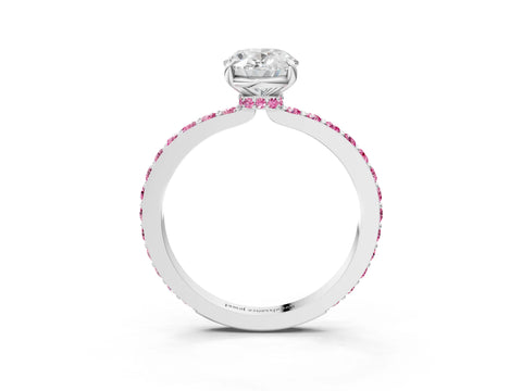 White gold Oval Cut Diamond Pavé Engagement Ring with Round with Pink Sapphire side stone Accents and Prong Setting_15