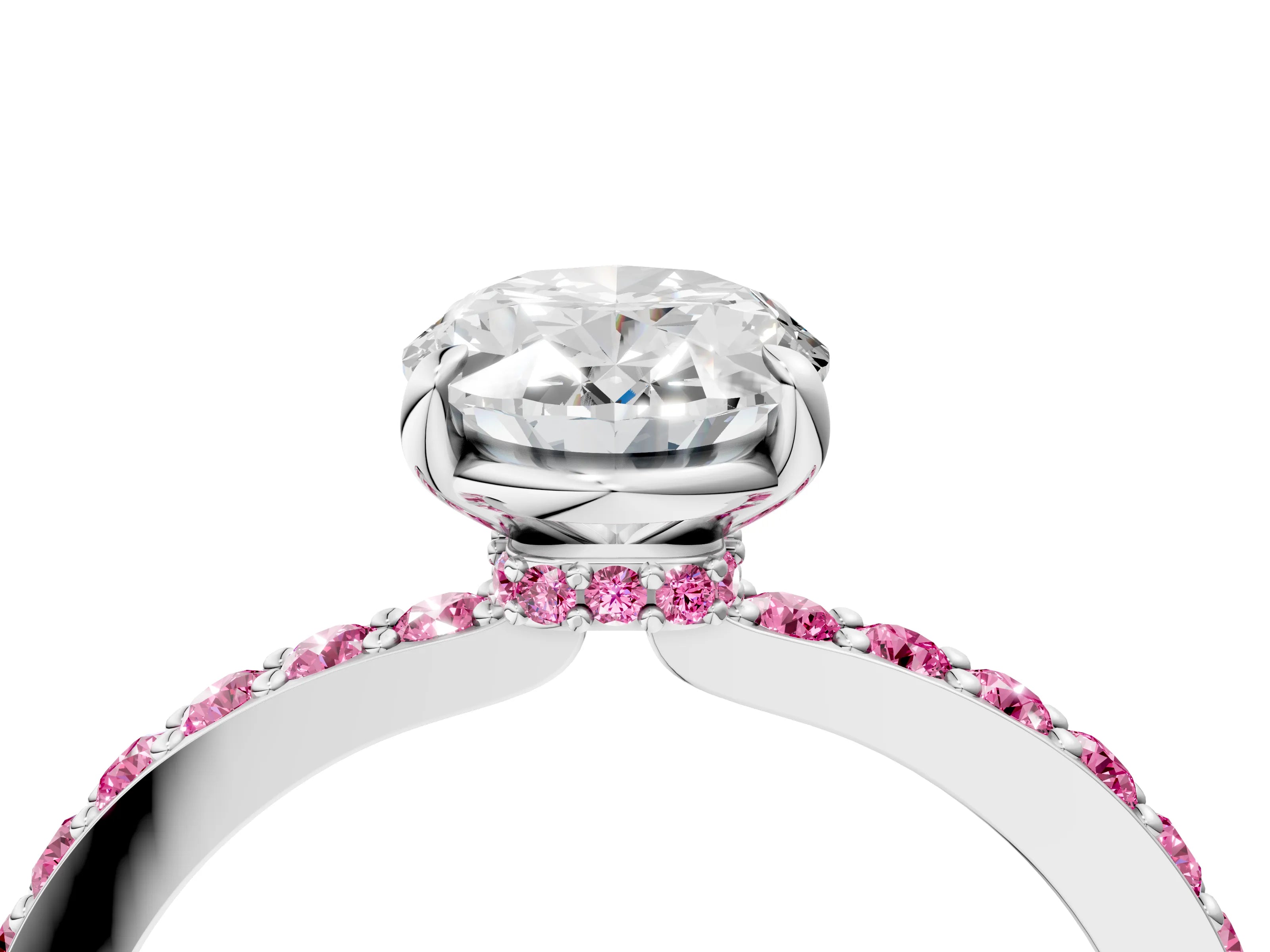White gold Oval Cut Diamond Pavé Engagement Ring with Round with Pink Sapphire side stone Accents and Prong Setting_16