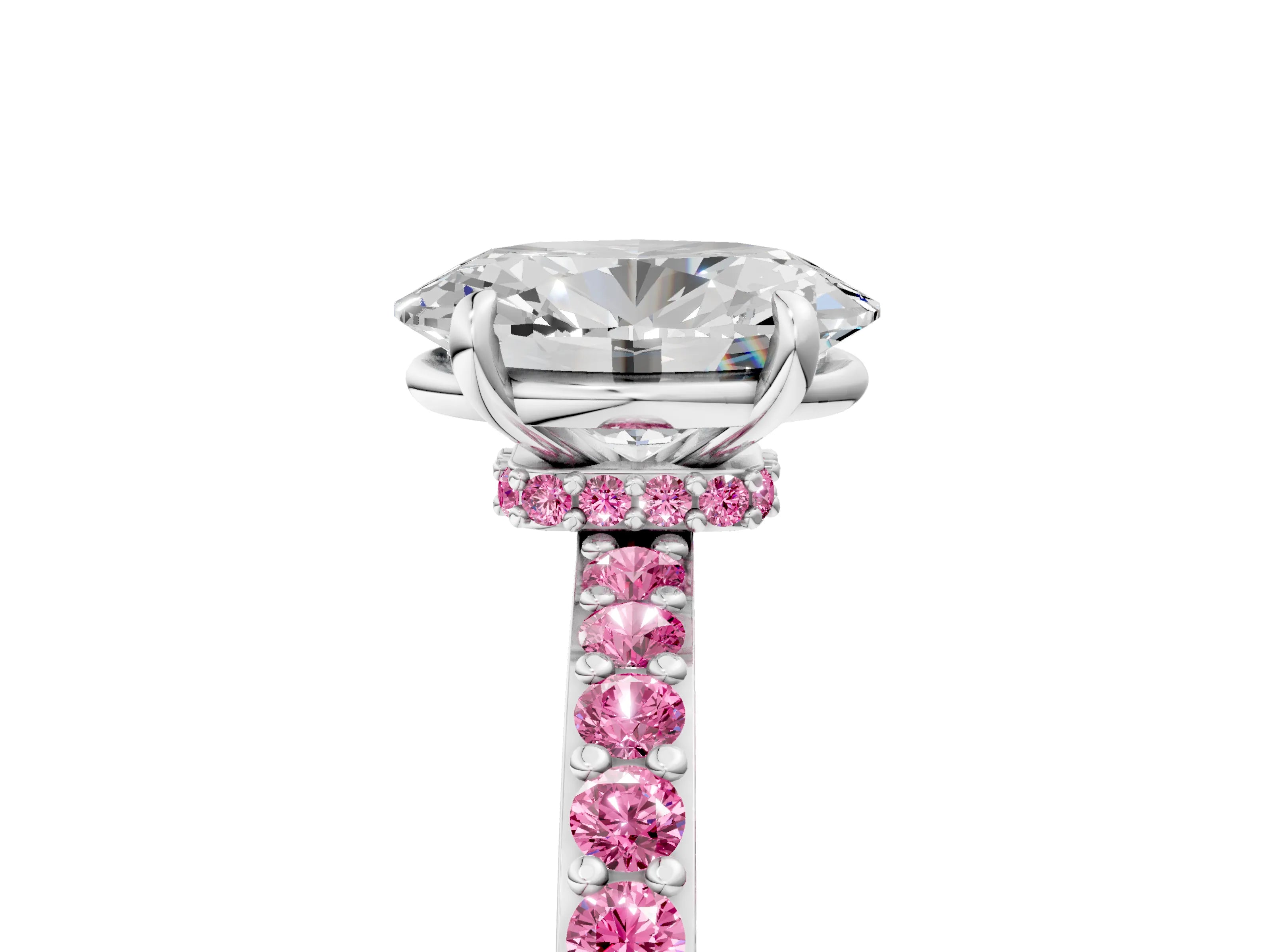White gold Oval Cut Diamond Pavé Engagement Ring with Round with Pink Sapphire side stone Accents and Prong Setting_17