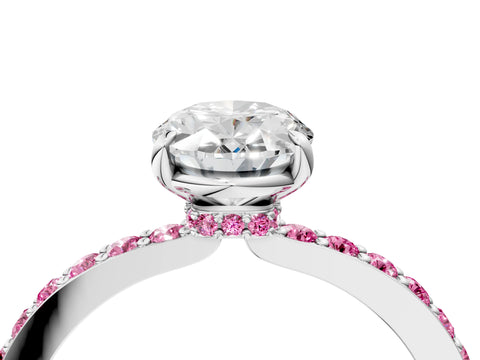 White gold Oval Cut Diamond Pavé Engagement Ring with Round with Pink Sapphire side stone Accents and Prong Setting_28