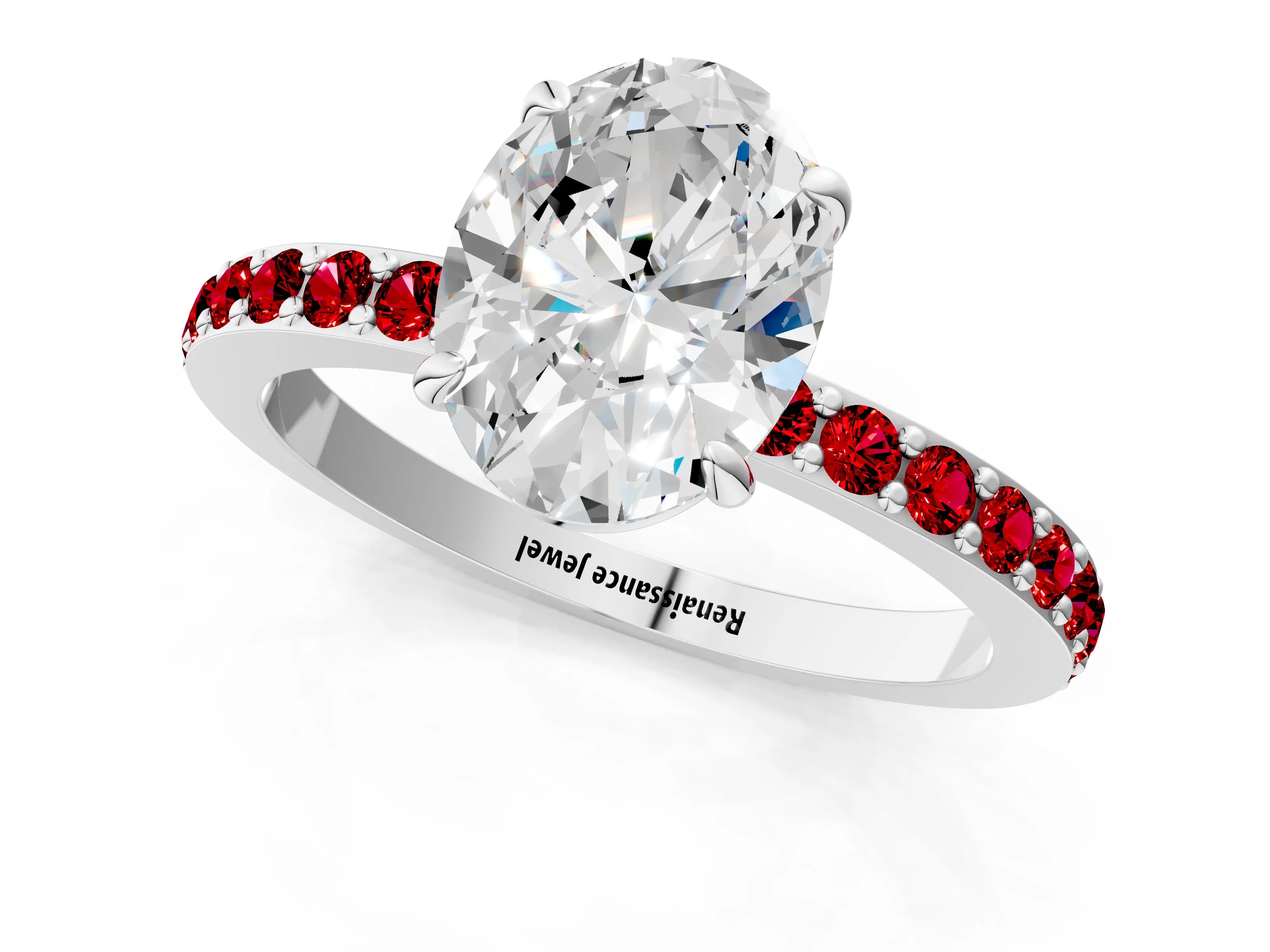 White gold Oval Cut Diamond Pavé Engagement Ring with Round with Ruby side stone Accents and Prong Setting_1