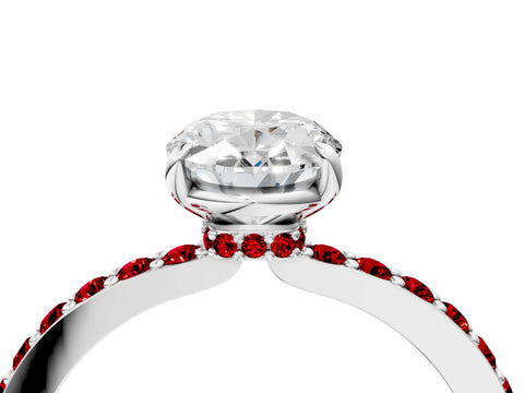White gold Oval Cut Diamond Pavé Engagement Ring with Round with Ruby side stone Accents and Prong Setting_16
