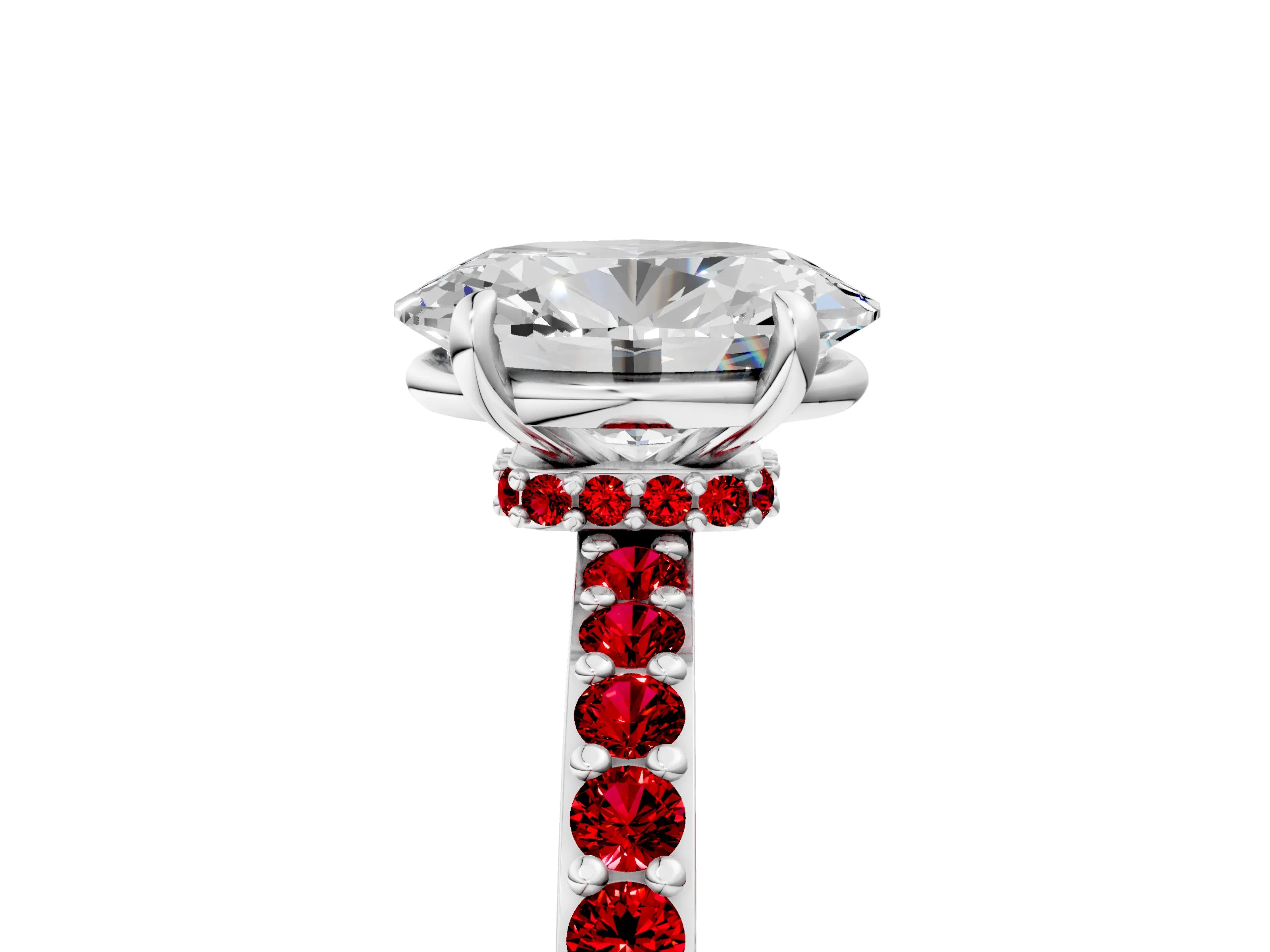 White gold Oval Cut Diamond Pavé Engagement Ring with Round with Ruby side stone Accents and Prong Setting_17