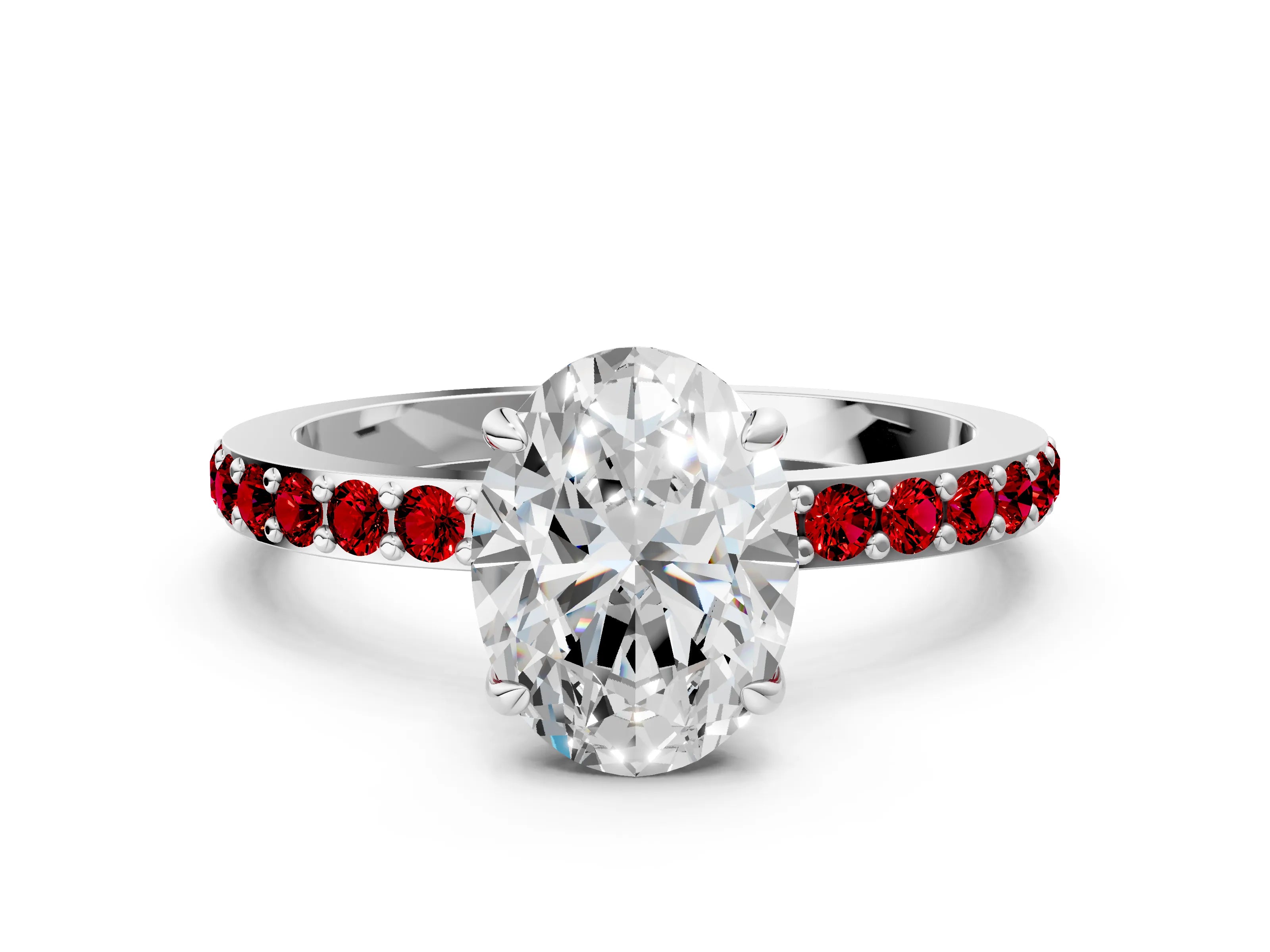 White gold Oval Cut Diamond Pavé Engagement Ring with Round with Ruby side stone Accents and Prong Setting