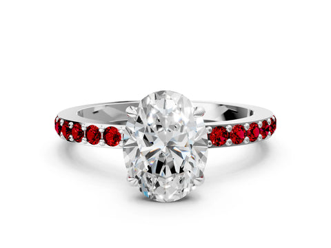 White gold Oval Cut Diamond Pavé Engagement Ring with Round with Ruby side stone Accents and Prong Setting