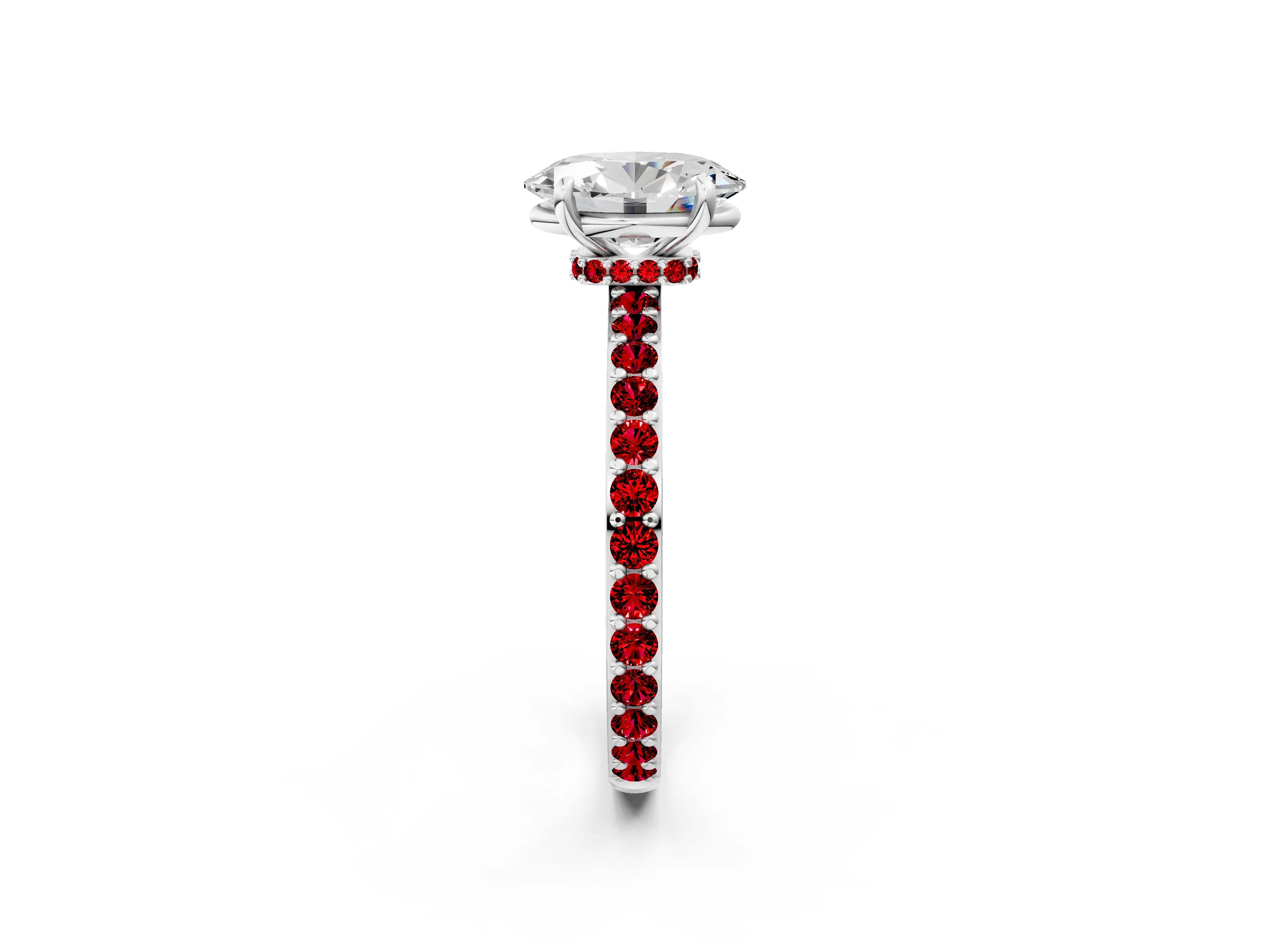 White gold Oval Cut Diamond Pavé Engagement Ring with Round with Ruby side stone Accents and Prong Setting_2