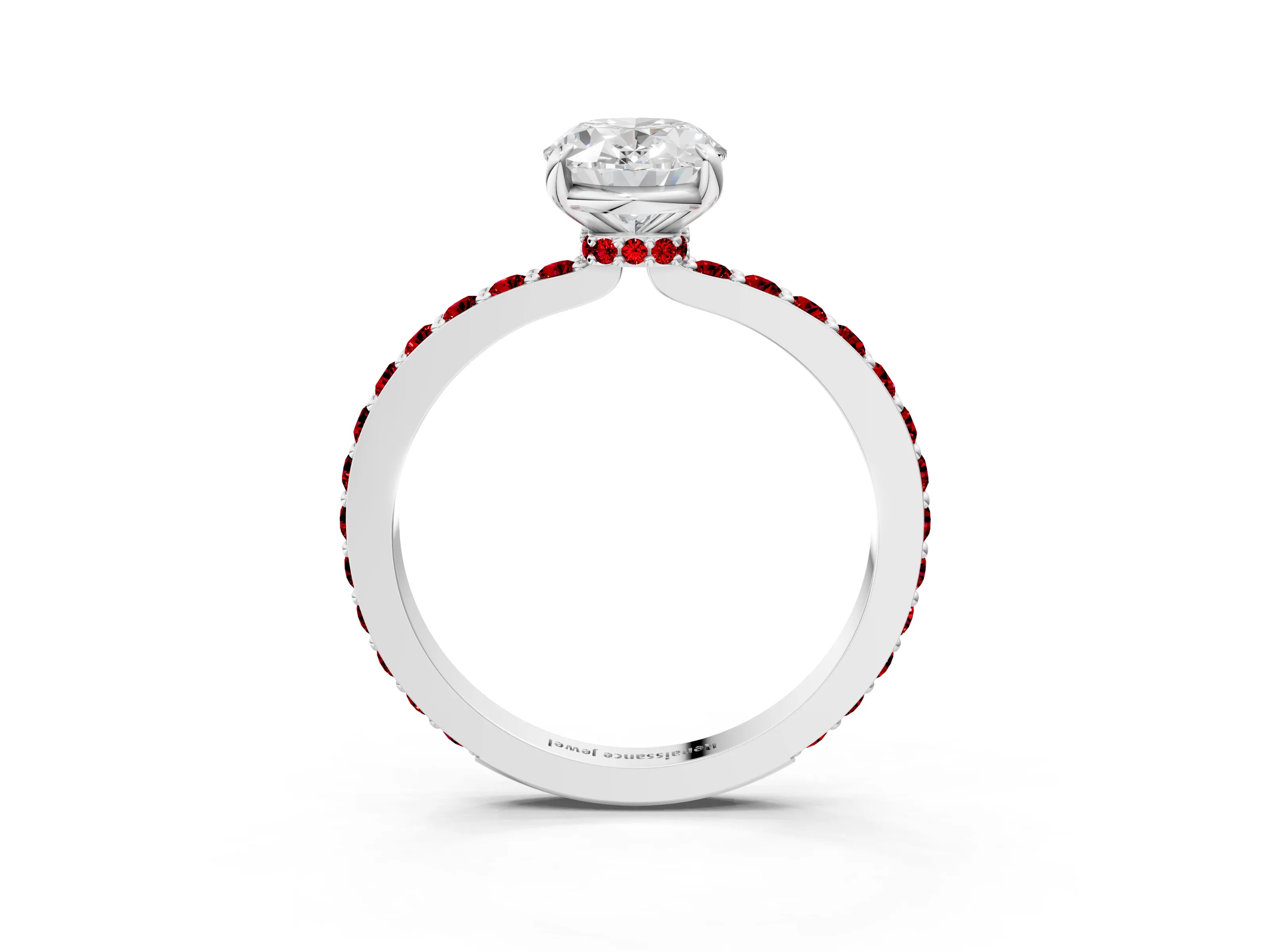 White gold Oval Cut Diamond Pavé Engagement Ring with Round with Ruby side stone Accents and Prong Setting_3
