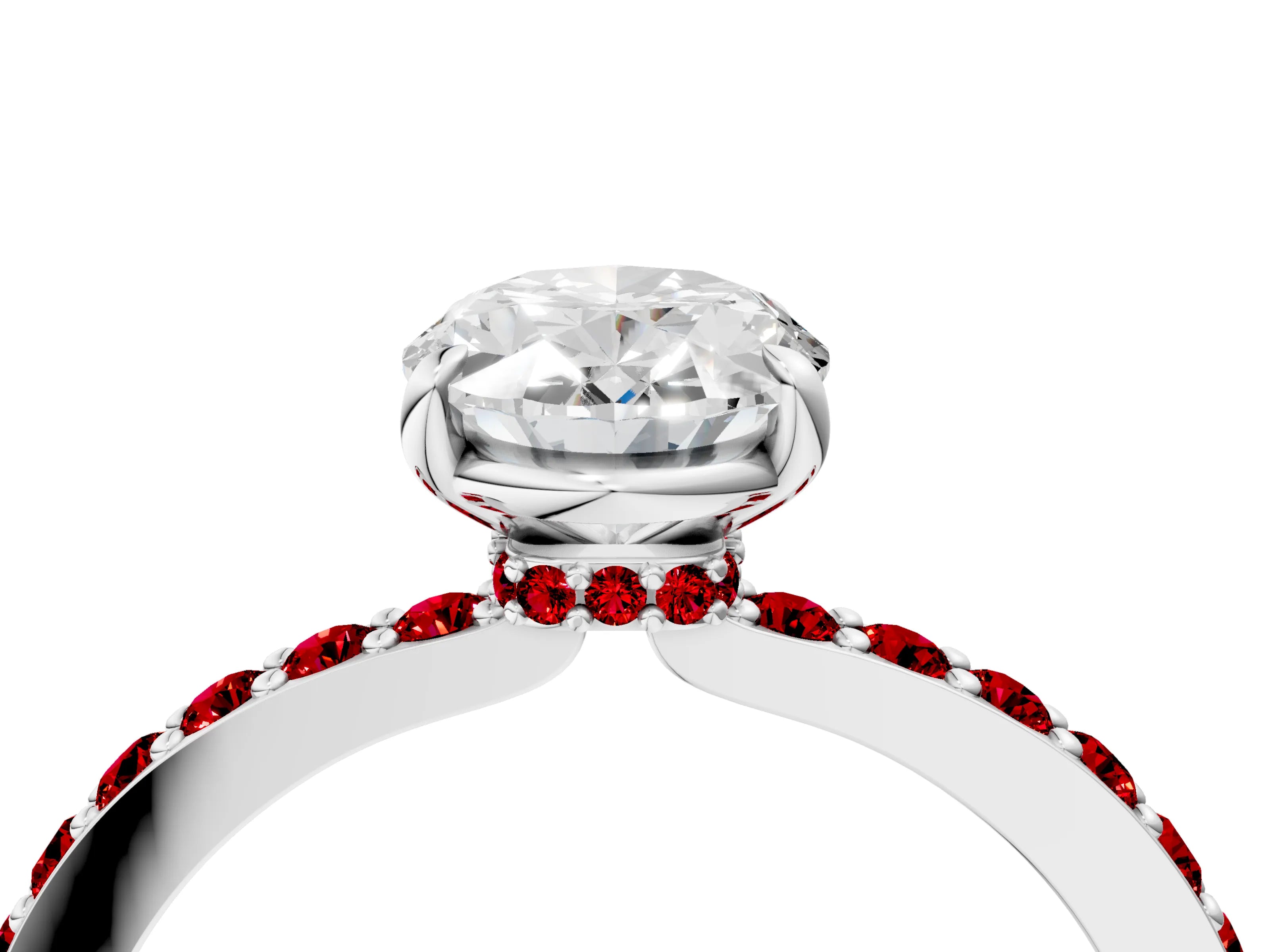 White gold Oval Cut Diamond Pavé Engagement Ring with Round with Ruby side stone Accents and Prong Setting_4