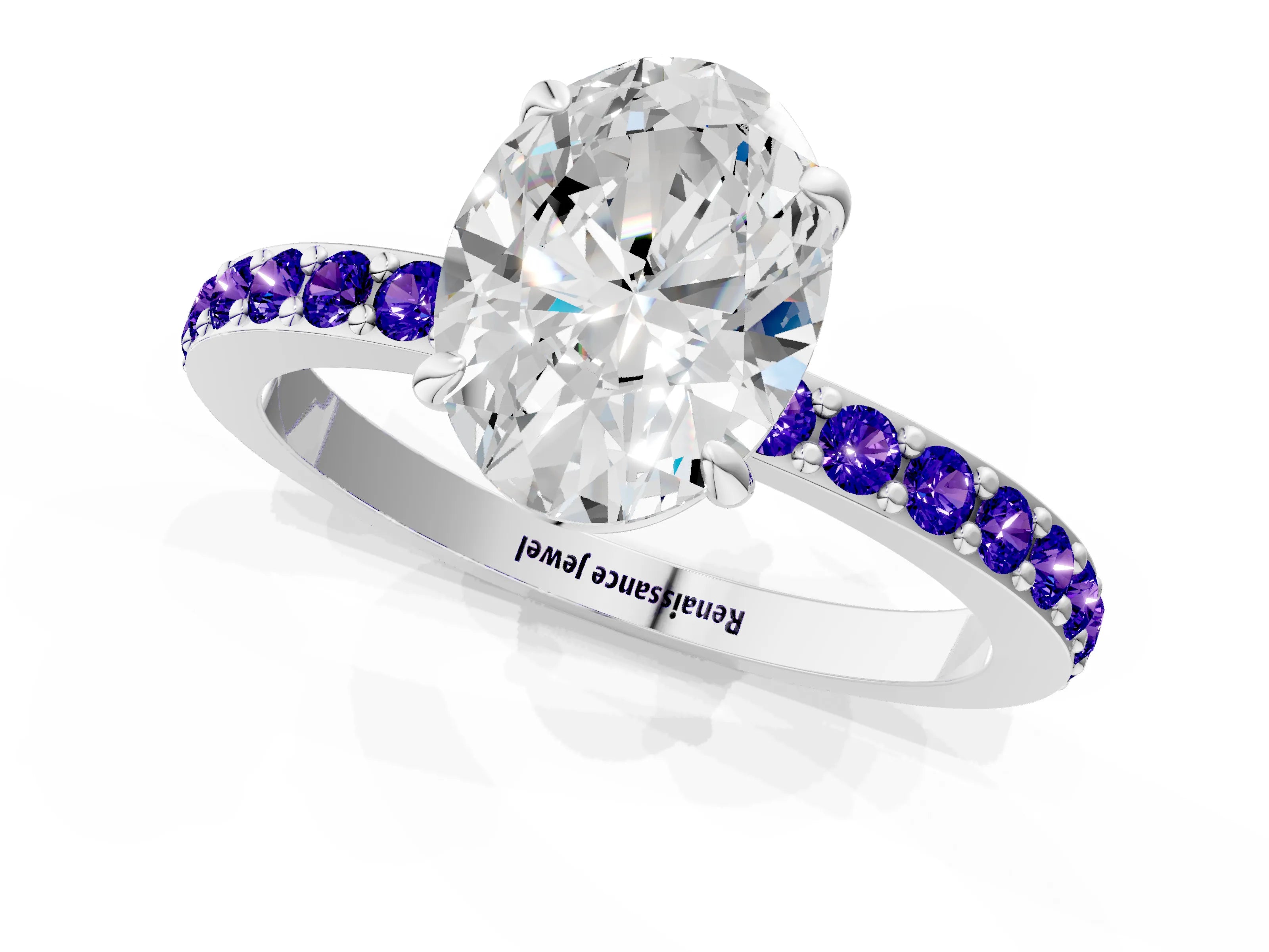 White gold Oval Cut Diamond Pavé Engagement Ring with Round with Tanzanite side stone Accents and Prong Setting_1