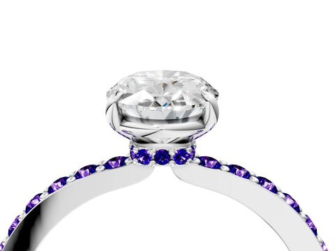 White gold Oval Cut Diamond Pavé Engagement Ring with Round with Tanzanite side stone Accents and Prong Setting_16