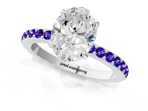 White gold Oval Cut Diamond Pavé Engagement Ring with Round with Tanzanite side stone Accents and Prong Setting_1