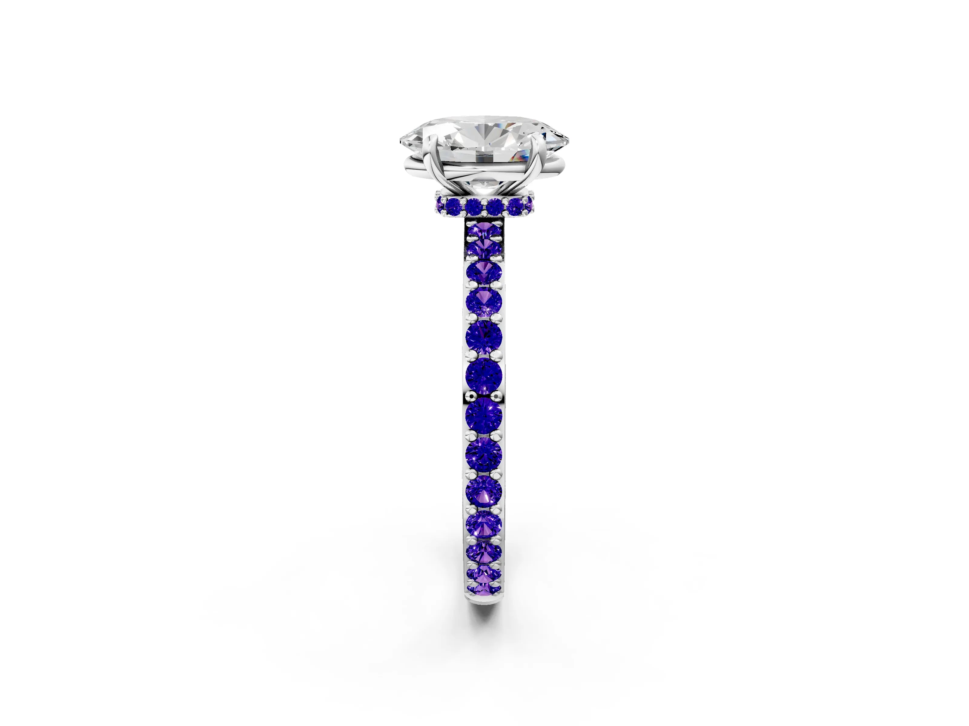 White gold Oval Cut Diamond Pavé Engagement Ring with Round with Tanzanite side stone Accents and Prong Setting_2