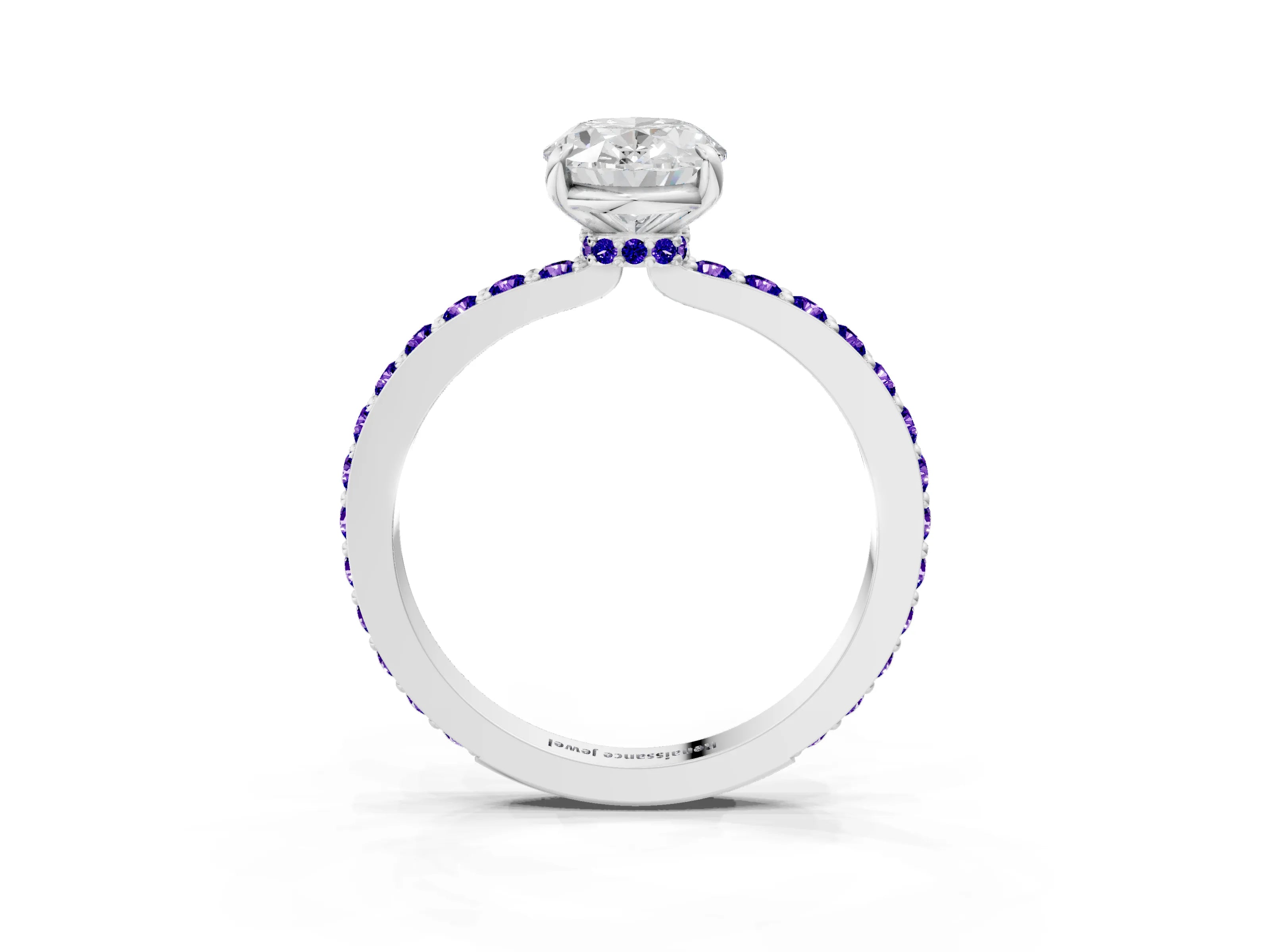 White gold Oval Cut Diamond Pavé Engagement Ring with Round with Tanzanite side stone Accents and Prong Setting_3