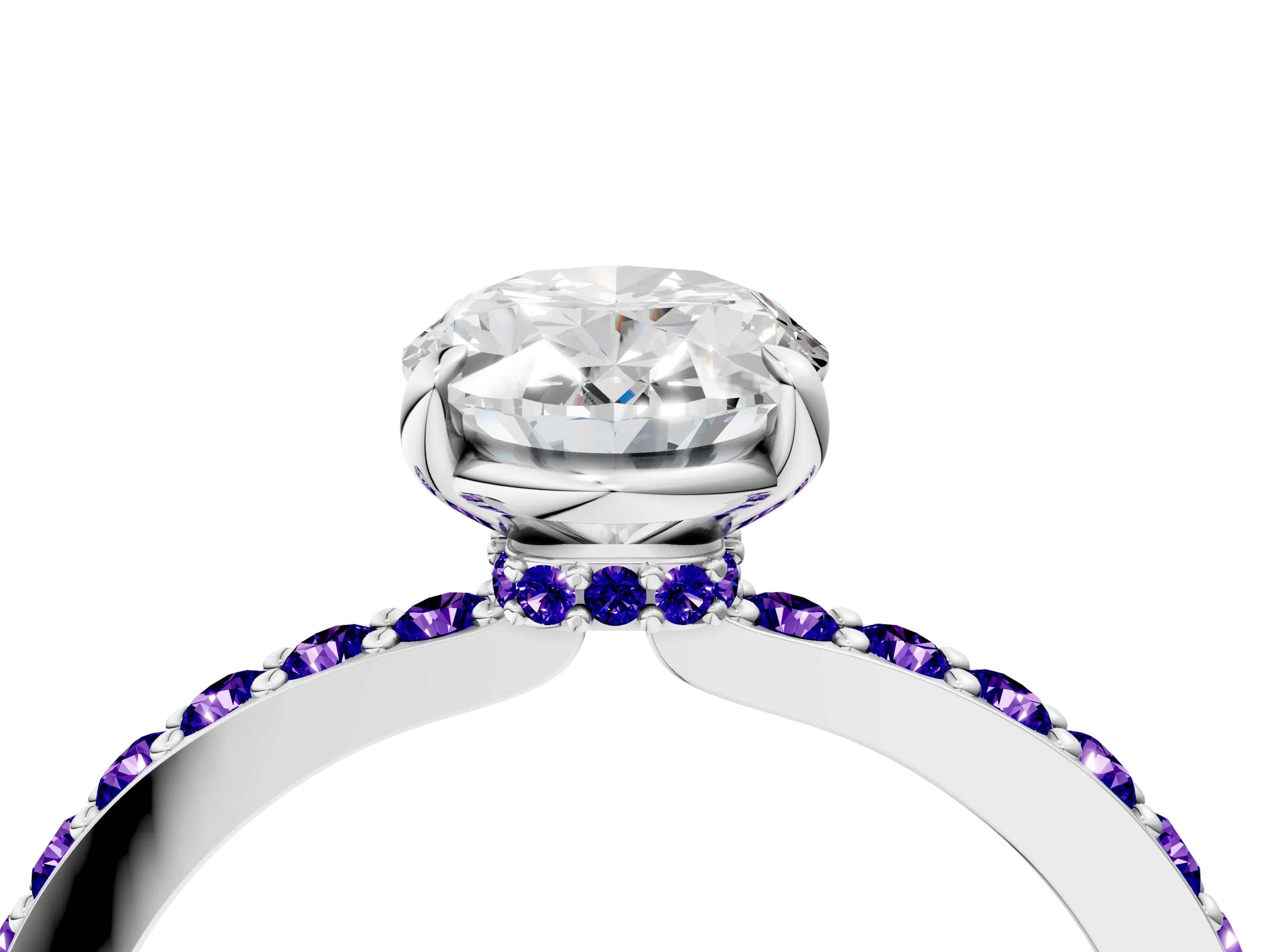 White gold Oval Cut Diamond Pavé Engagement Ring with Round with Tanzanite side stone Accents and Prong Setting_4
