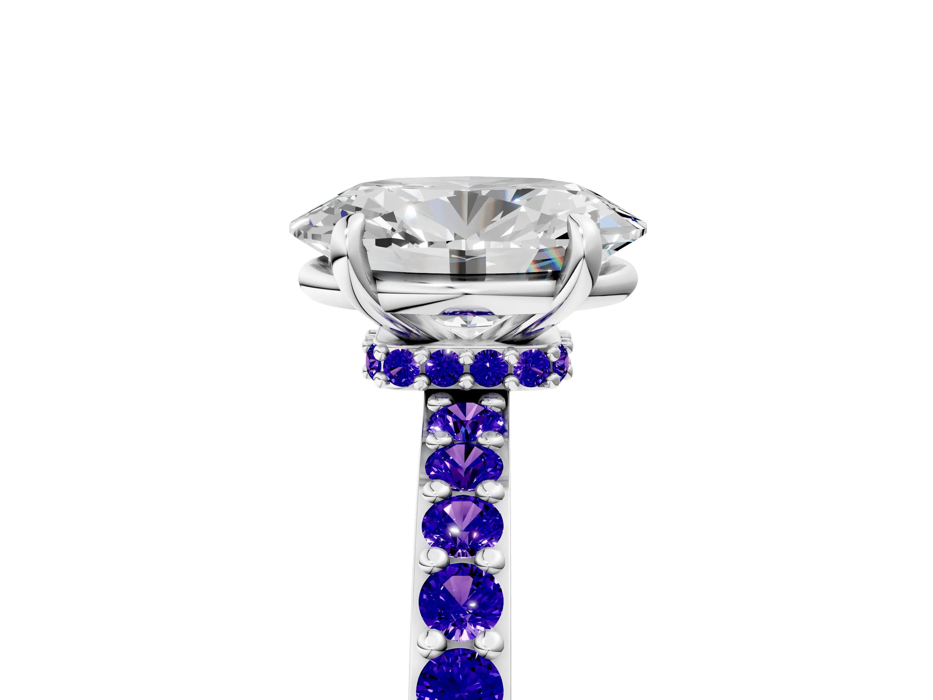 White gold Oval Cut Diamond Pavé Engagement Ring with Round with Tanzanite side stone Accents and Prong Setting_5