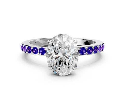 White gold Oval Cut Diamond Pavé Engagement Ring with Round with Tanzanite side stone Accents and Prong Setting