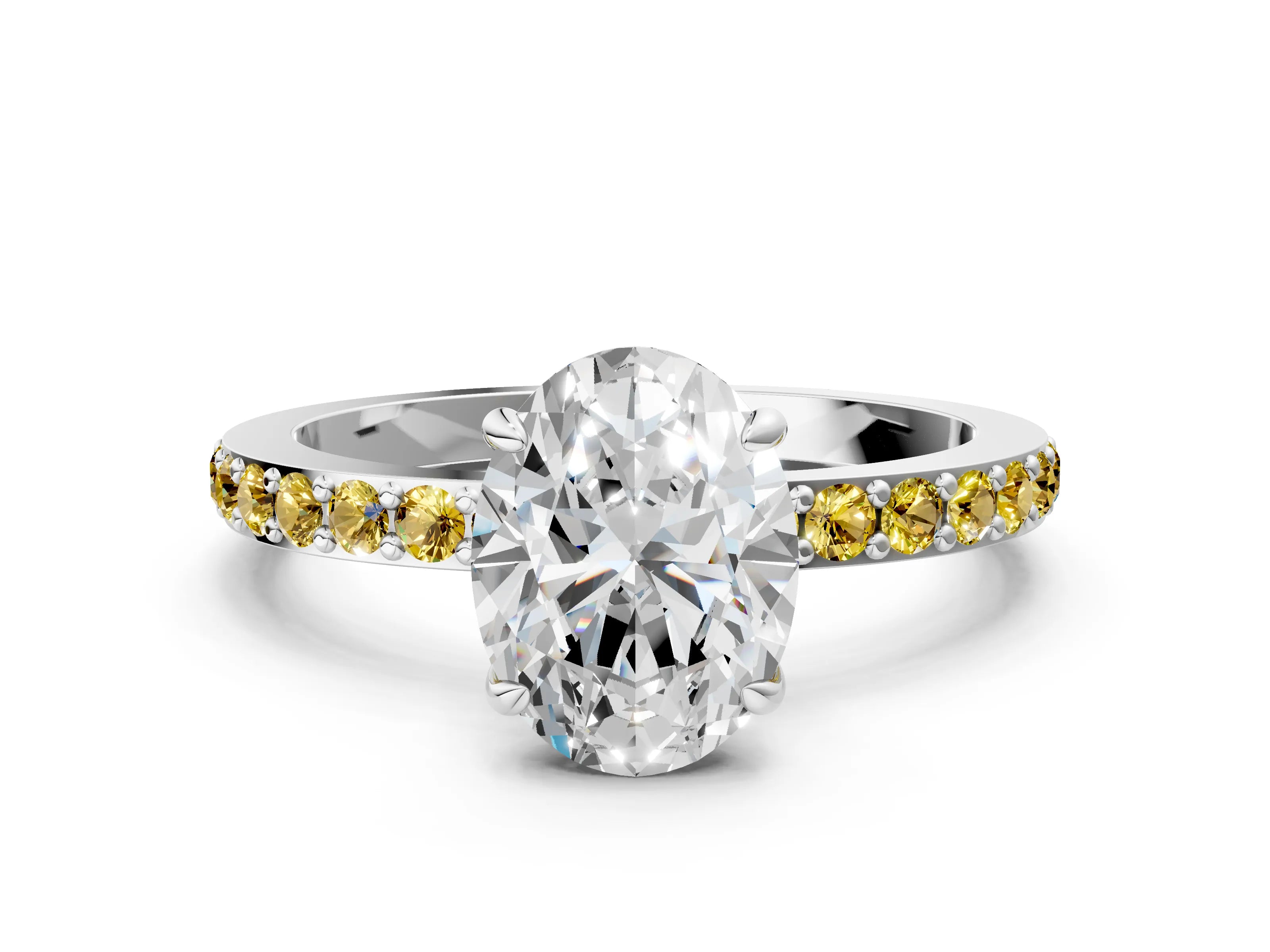 White gold Oval Cut Diamond Pavé Engagement Ring with Round with Yellow Sapphire side stone Accents and Prong Setting_12