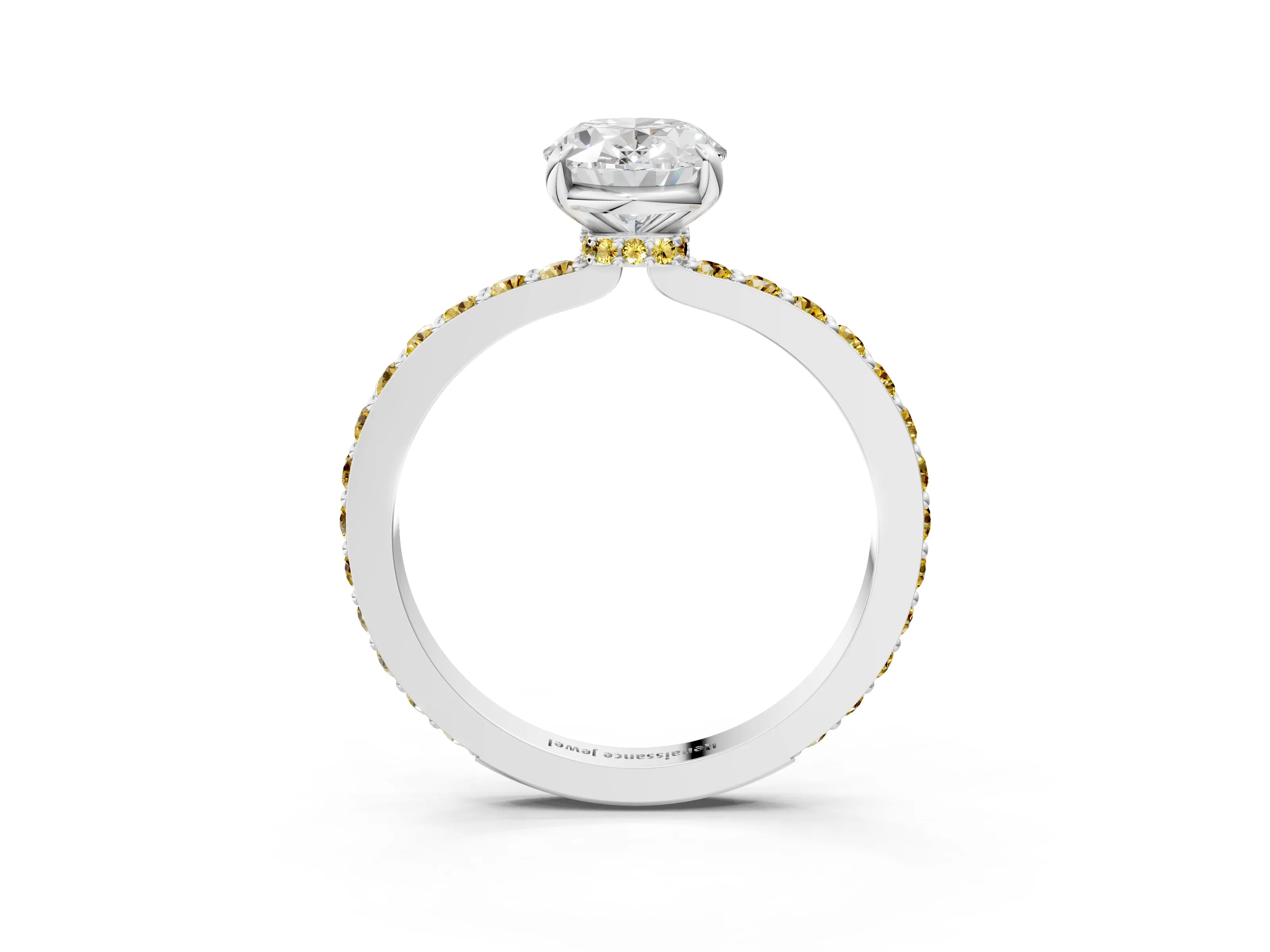 White gold Oval Cut Diamond Pavé Engagement Ring with Round with Yellow Sapphire side stone Accents and Prong Setting_15