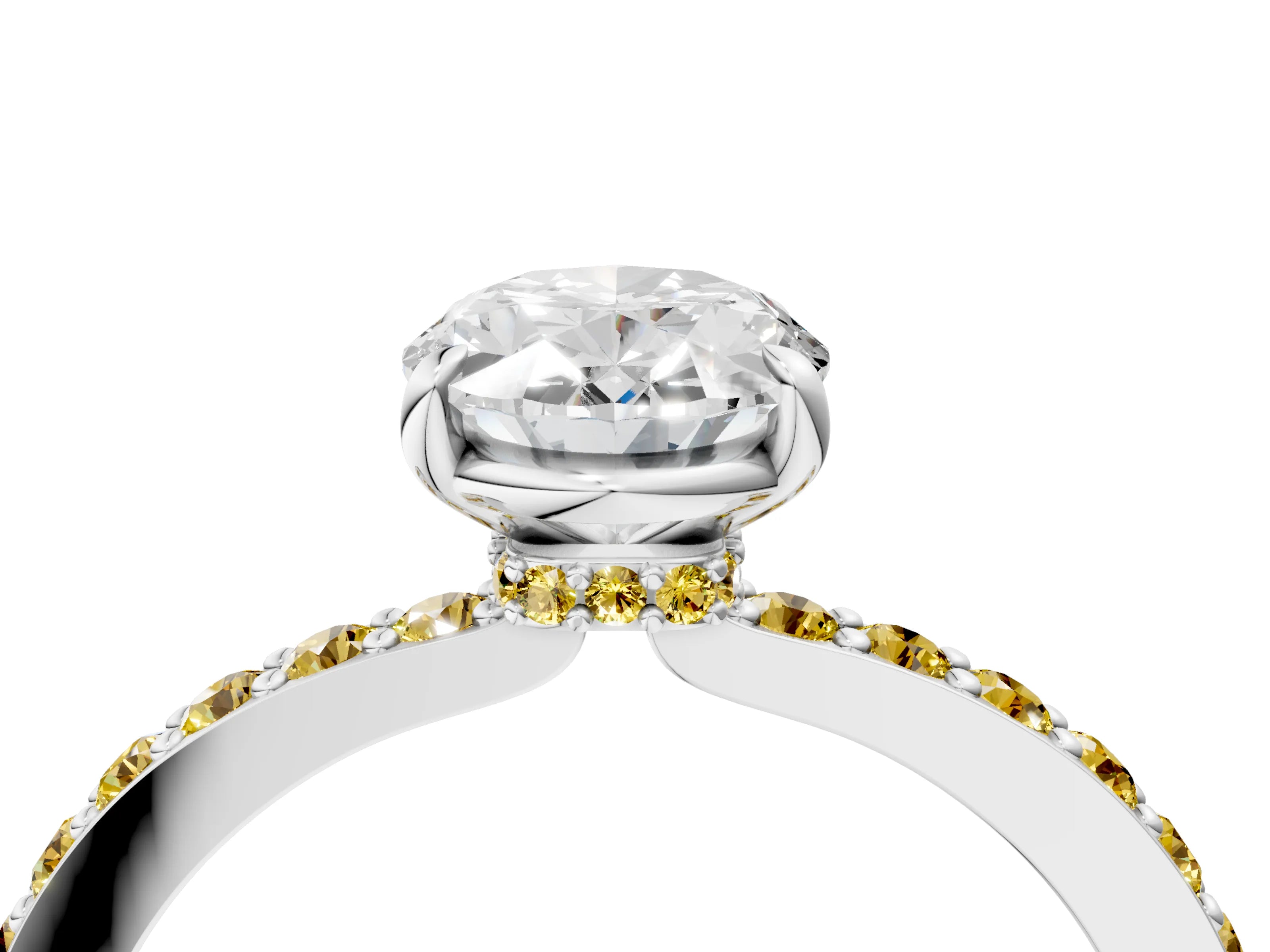 White gold Oval Cut Diamond Pavé Engagement Ring with Round with Yellow Sapphire side stone Accents and Prong Setting_16
