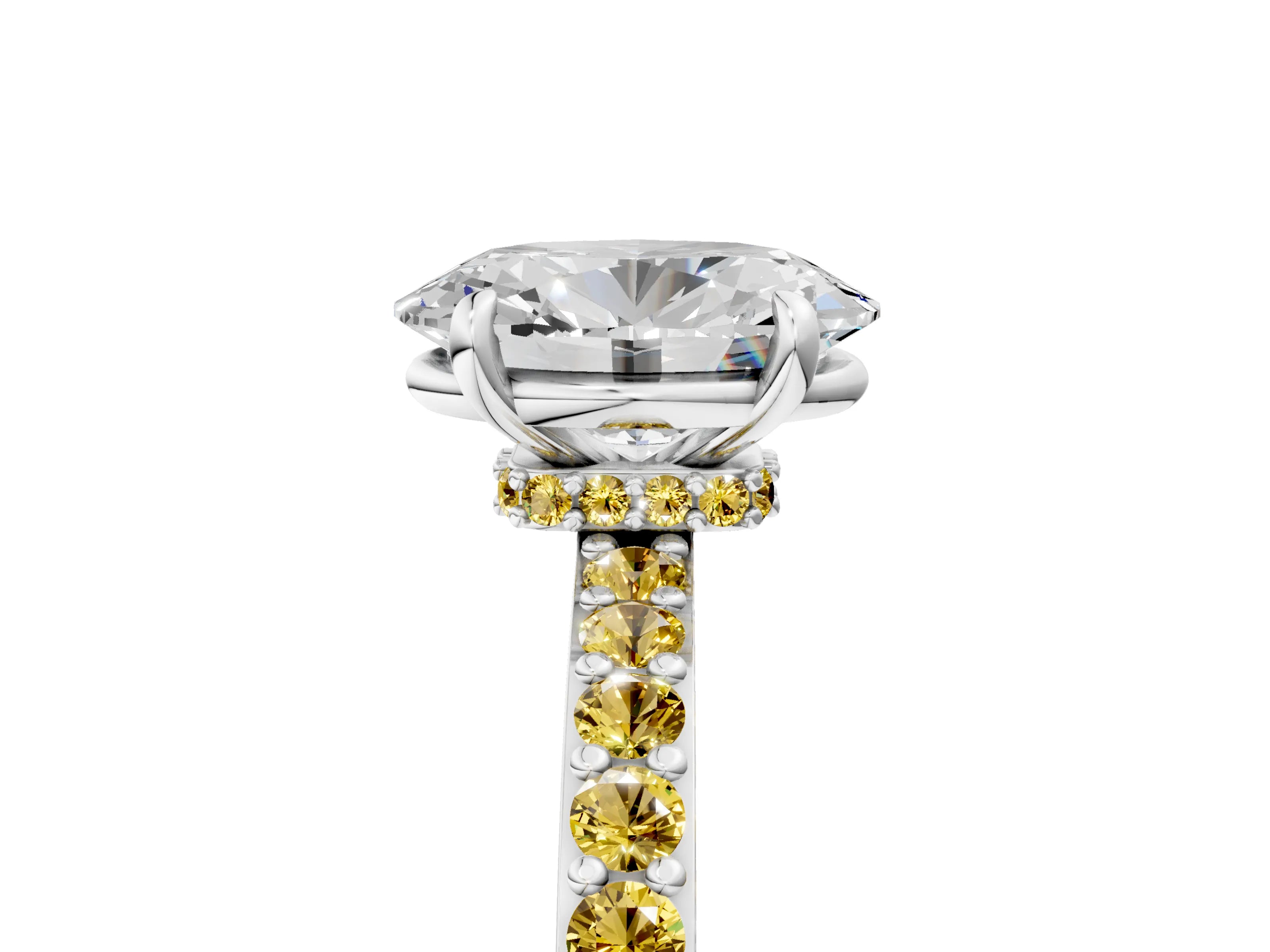 White gold Oval Cut Diamond Pavé Engagement Ring with Round with Yellow Sapphire side stone Accents and Prong Setting_17