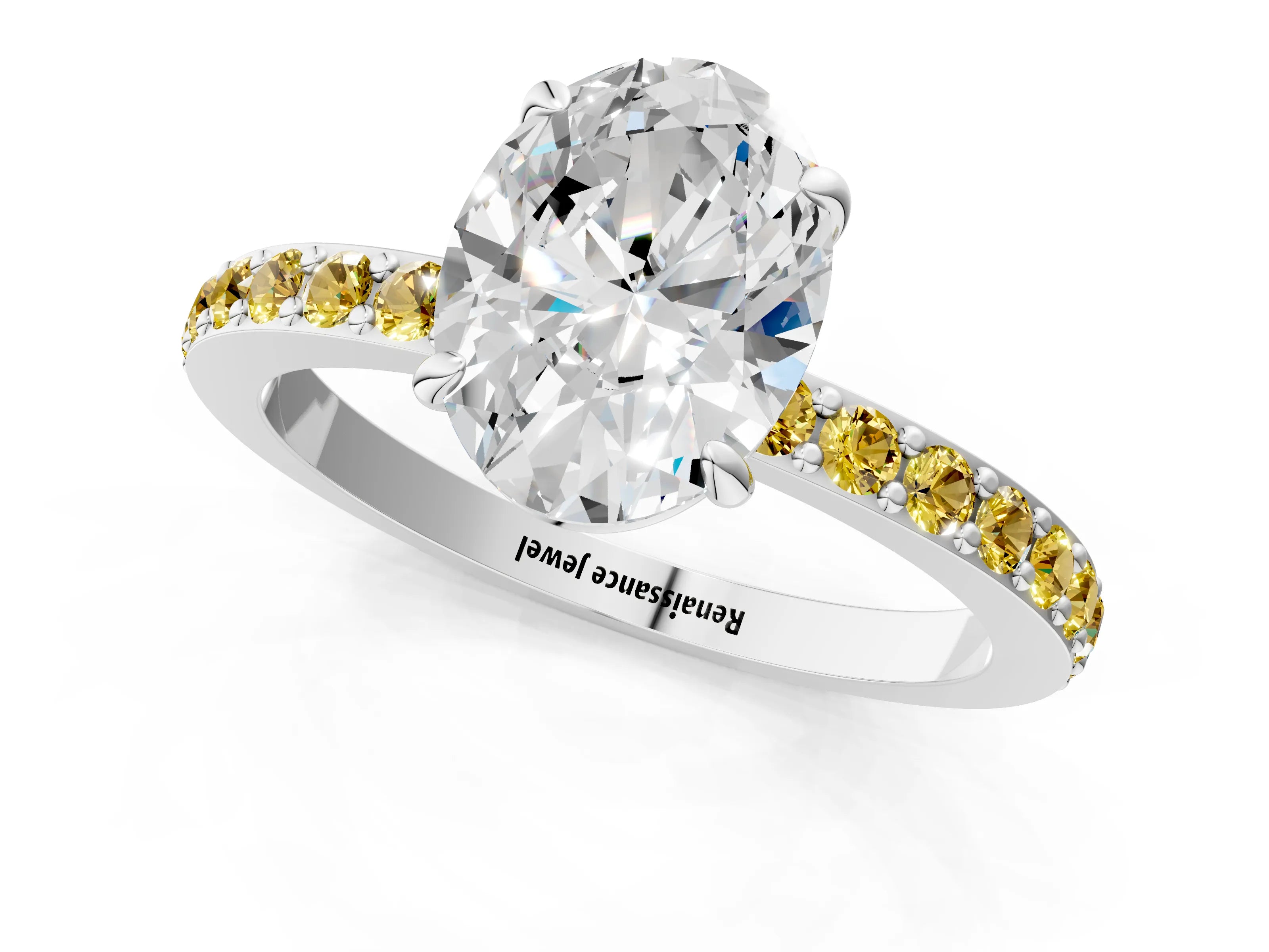 White gold Oval Cut Diamond Pavé Engagement Ring with Round with Yellow Sapphire side stone Accents and Prong Setting_25