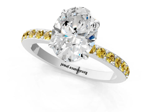 White gold Oval Cut Diamond Pavé Engagement Ring with Round with Yellow Sapphire side stone Accents and Prong Setting_25