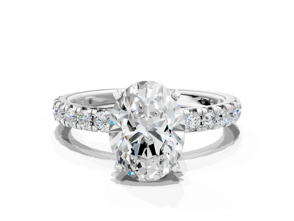 White Gold Oval Solitaire Engagement Ring Setting with Shared Prong Pave Band