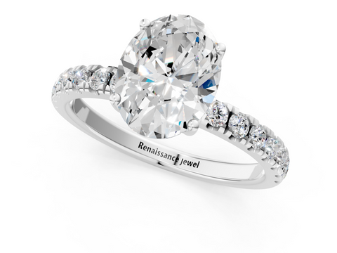 White gold Oval Cut Diamond Pave Band Solitaire Ring with Four-Prong Setting_73
