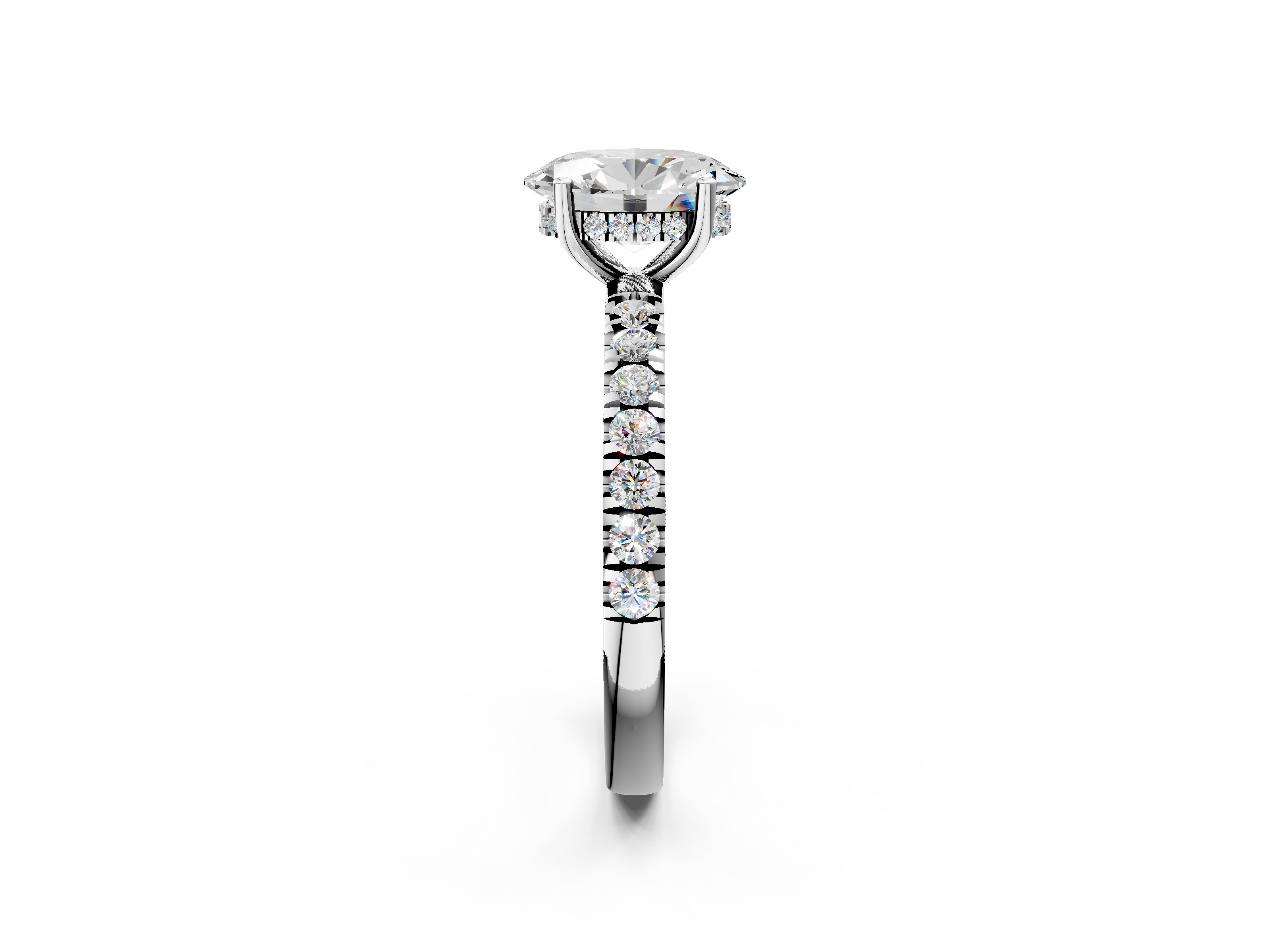 White gold Oval Cut Diamond Pave Band Solitaire Ring with Four-Prong Setting_87