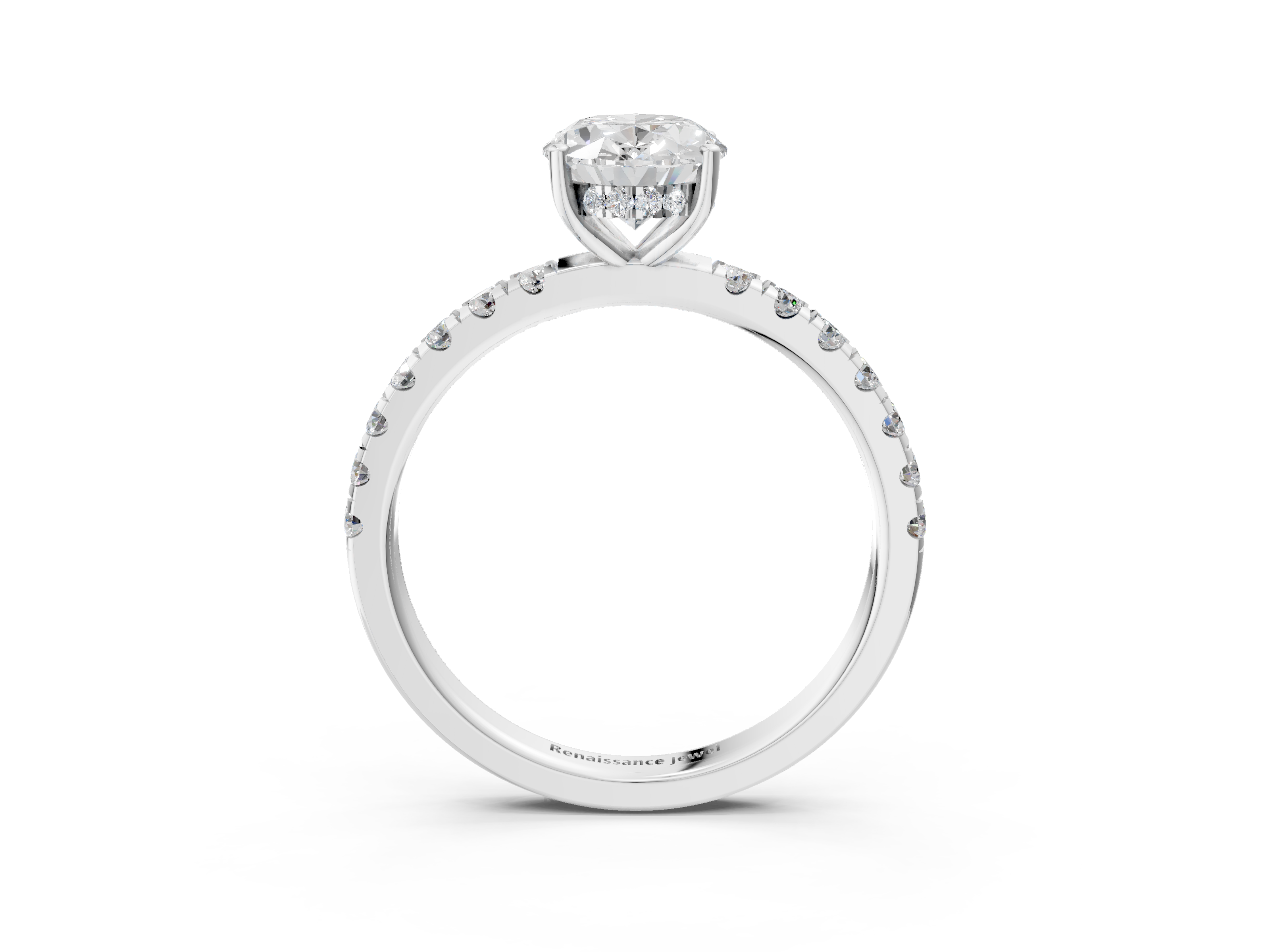 White gold Oval Cut Diamond Pave Band Solitaire Ring with Four-Prong Setting_88