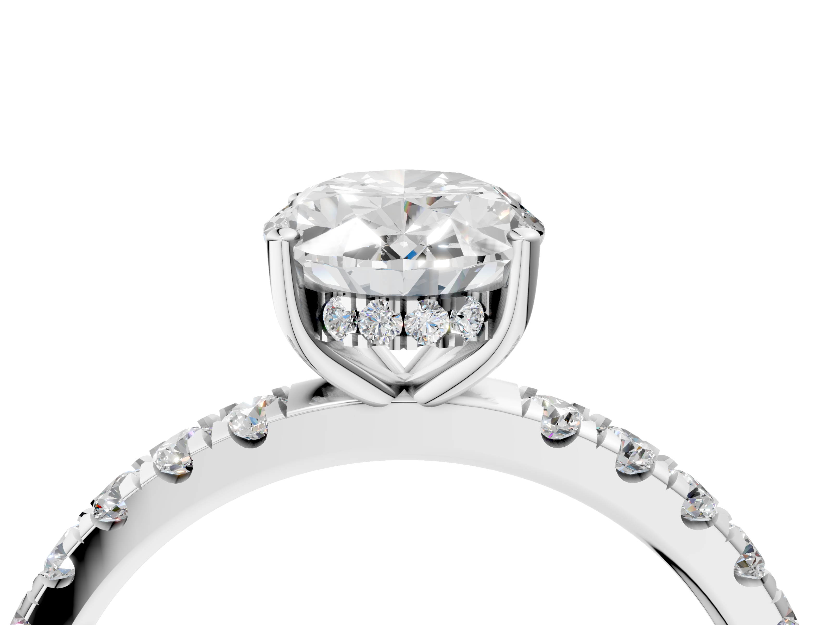 White gold Oval Cut Diamond Pave Band Solitaire Ring with Four-Prong Setting_89