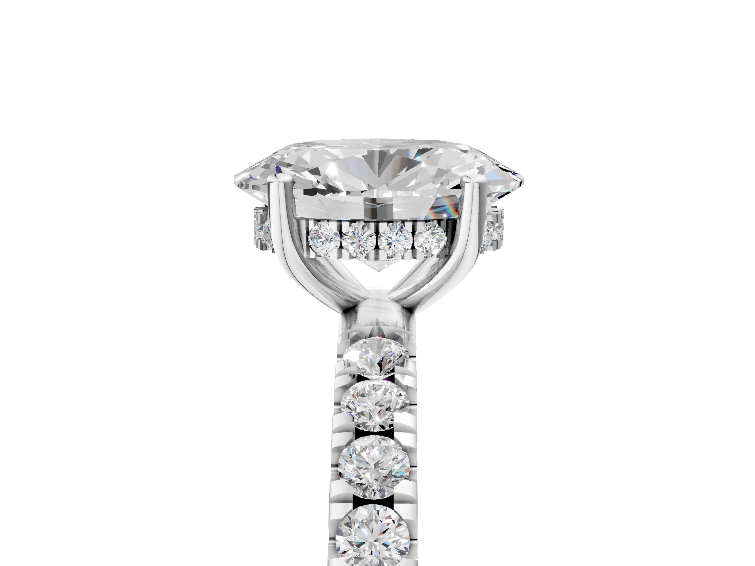 White gold Oval Cut Diamond Pave Band Solitaire Ring with Four-Prong Setting_90