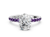 White gold Oval Cut Diamond Pave Band Solitaire Ring with Round with Amethyst side stone and Prong Setting