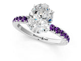 White gold Oval Cut Diamond Pave Band Solitaire Ring with Round with Amethyst side stone and Prong Setting_1
