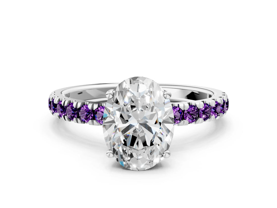 White gold Oval Cut Diamond Pave Band Solitaire Ring with Round with Amethyst side stone and Prong Setting
