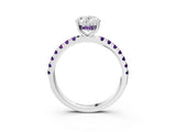 White gold Oval Cut Diamond Pave Band Solitaire Ring with Round with Amethyst side stone and Prong Setting_3