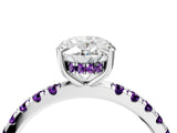 White gold Oval Cut Diamond Pave Band Solitaire Ring with Round with Amethyst side stone and Prong Setting_4