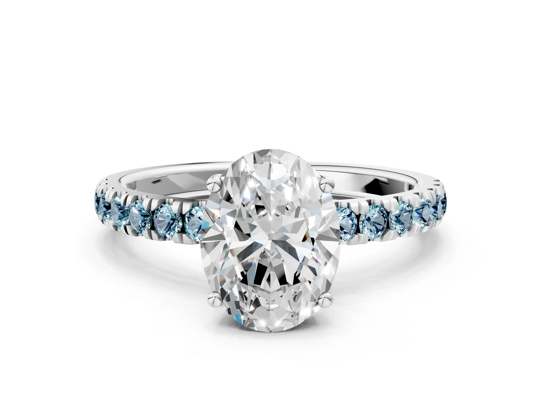 White gold Oval Cut Diamond Pave Band Solitaire Ring with Round with Aquamarine side stone and Prong Setting