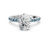 White gold Oval Cut Diamond Pave Band Solitaire Ring with Round with Aquamarine side stone and Prong Setting