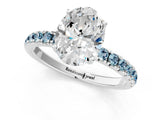 White gold Oval Cut Diamond Pave Band Solitaire Ring with Round with Aquamarine side stone and Prong Setting_1