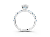 White gold Oval Cut Diamond Pave Band Solitaire Ring with Round with Aquamarine side stone and Prong Setting_15