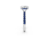 White gold Oval Cut Diamond Pave Band Solitaire Ring with Round with Blue Sapphire side stone and Prong Setting_2