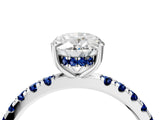 White gold Oval Cut Diamond Pave Band Solitaire Ring with Round with Blue Sapphire side stone and Prong Setting_4