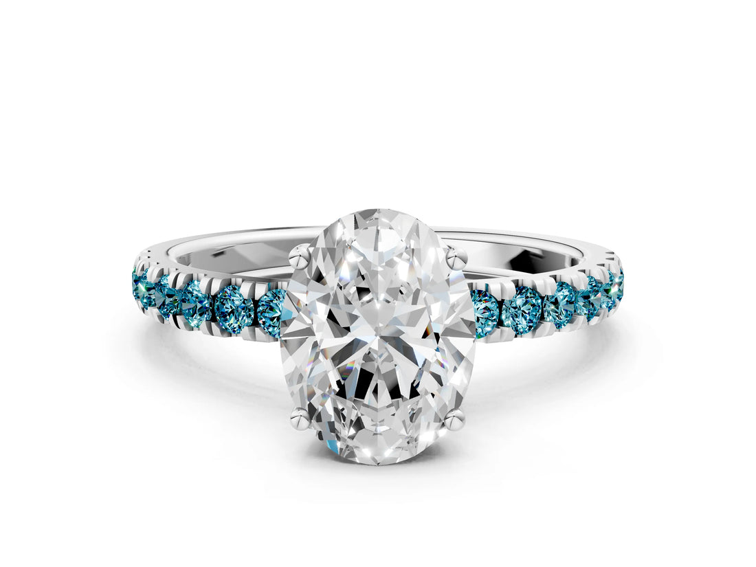 White gold Oval Cut Diamond Pave Band Solitaire Ring with Round with Blue Topaz side stone and Prong Setting_24