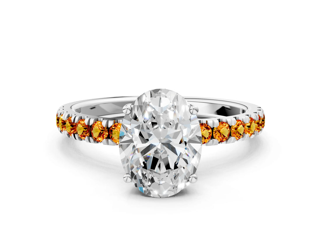 White gold Oval Cut Diamond Pave Band Solitaire Ring with Round with Citrine side stone and Prong Setting_12