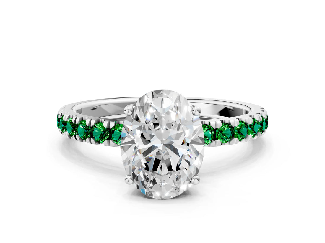 White gold Oval Cut Diamond Pave Band Solitaire Ring with Round with Emerald side stone and Prong Setting_12