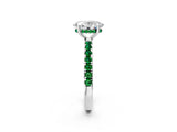 White gold Oval Cut Diamond Pave Band Solitaire Ring with Round with Emerald side stone and Prong Setting_14