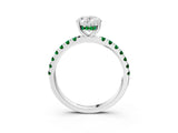 White gold Oval Cut Diamond Pave Band Solitaire Ring with Round with Emerald side stone and Prong Setting_15