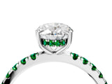 White gold Oval Cut Diamond Pave Band Solitaire Ring with Round with Emerald side stone and Prong Setting_28